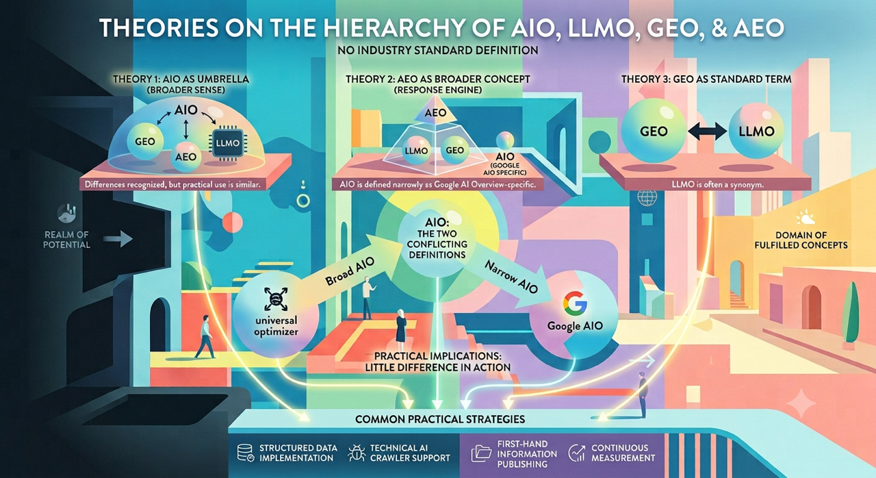 AIO・LLMO・GEO・AEOの包含関係に関する3つの説(AIOが最上位、AEOが最上位、GEOが標準的用語)を整理した図