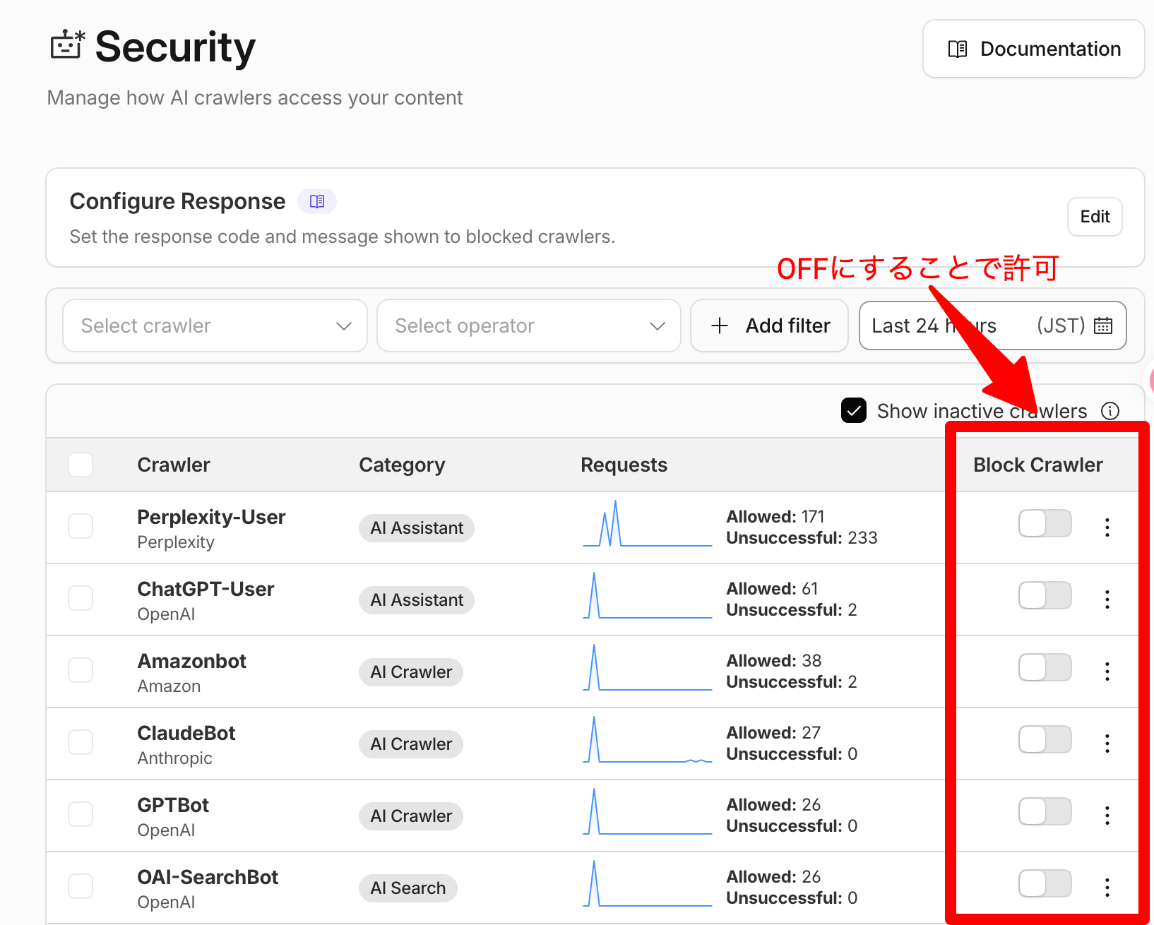 CloudflareのAI Crawl Control「Security」画面。クローラーごとの一覧の右端に「Block Crawler」列があり、各トグルをオフにすることでブロックを解除できる。