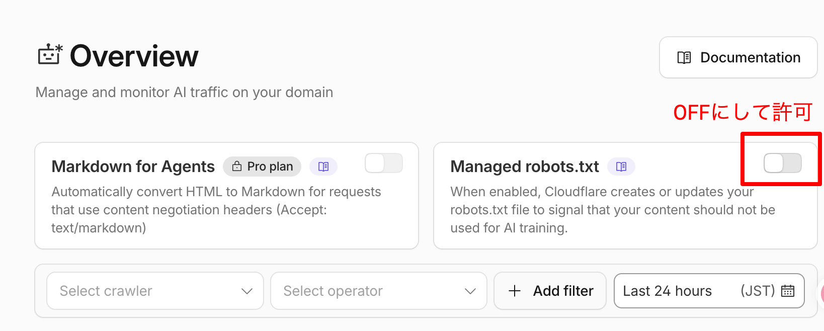 CloudflareのAI Crawl Control「Overview」画面。「Managed robots.txt」というトグルがあり、オンにするとCloudflareが自動でrobots.txtにルールを追記する。